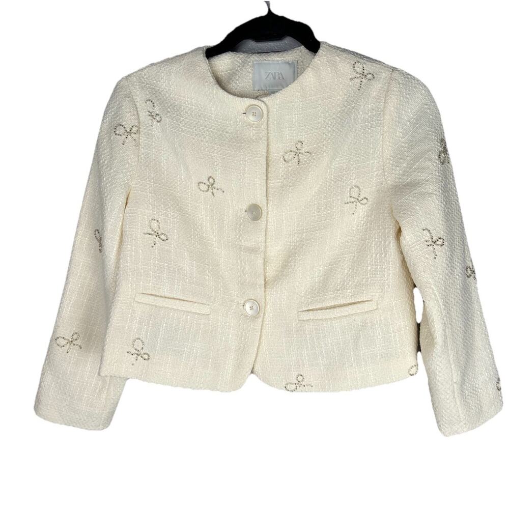 Zara Girls Tweed Bow Sequin Skirt Set Size 13 Jacket Textured Button Blazer